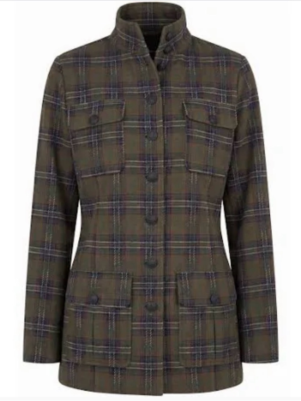 LIVERPOOL FUNNEL NECK BUTTON FRONT FIELD JACKET IN OLIVE PLAID SIZE MEDIUM